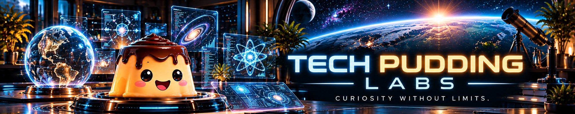 Tech Pudding Labs. Curiosity without limits. A glowing pudding mascot in a space-station lab with holograms of a globe, a galaxy and an atom.